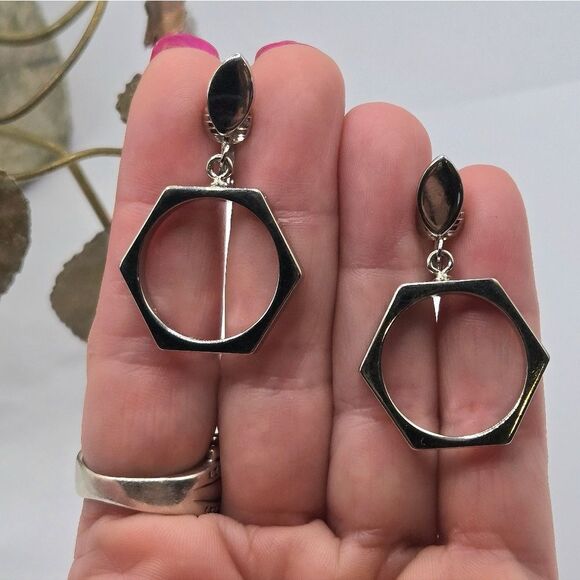 "5/$25" Silvertone Goemetric Circle Octagon Clip On Dangle Earrings - Picture 1 of 5